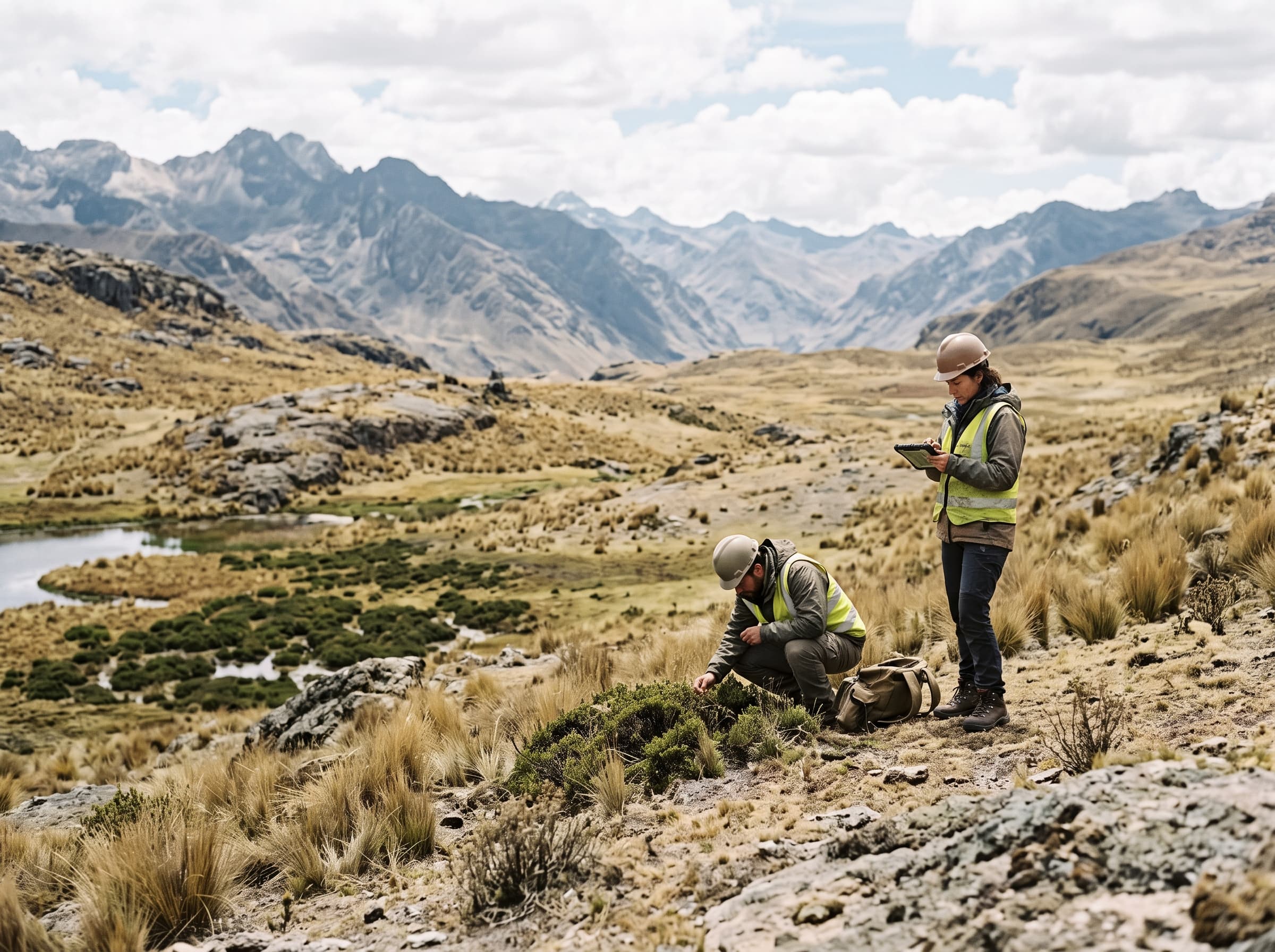 Illustrative scene of environmental specialists surveying vegetation beside a high-Andean wetland.