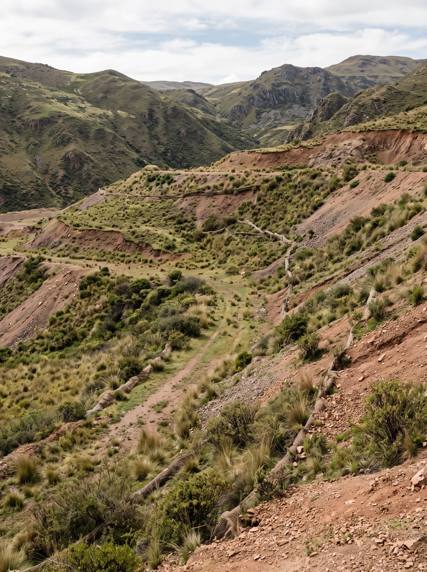 Vegetación entre terrazas de una ladera de montaña.